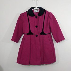 Vintage Rothschild Girl's 5 Pea Coat Pink Black Wool Velvet Trim Overcoat USA